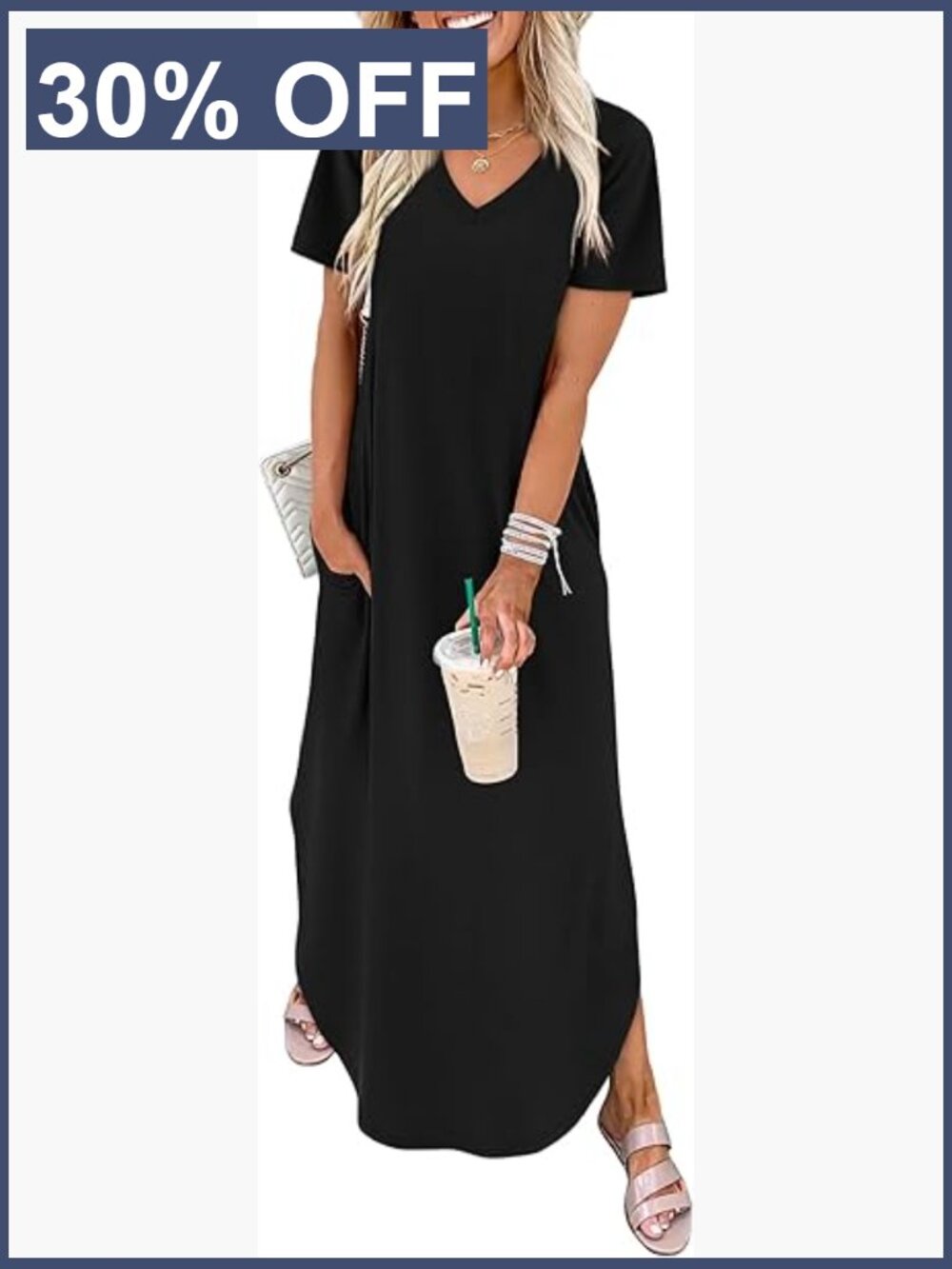 Women's V-Neck Maxi Dress with Pockets Short Sleeve